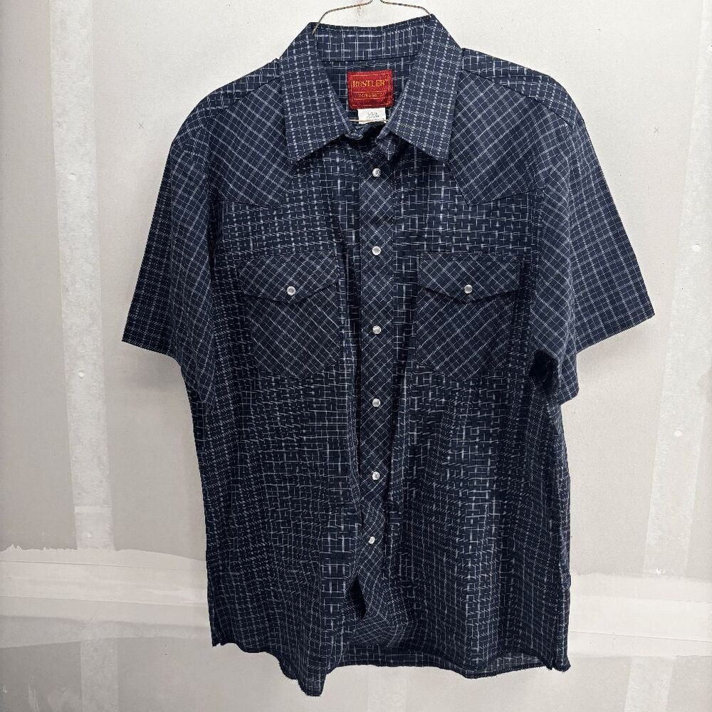 RUSTLER X-LONG TAILS Men's Shirt Vintage Size‎ L Snap Pearl Plaid Blue